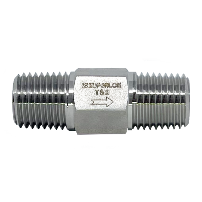 SOACV1-M-4N-B : Superlok Inline Check Valve, 1/4" MNPT X 1/4" MNPT, Adjustable, 50-150psi, 316SS