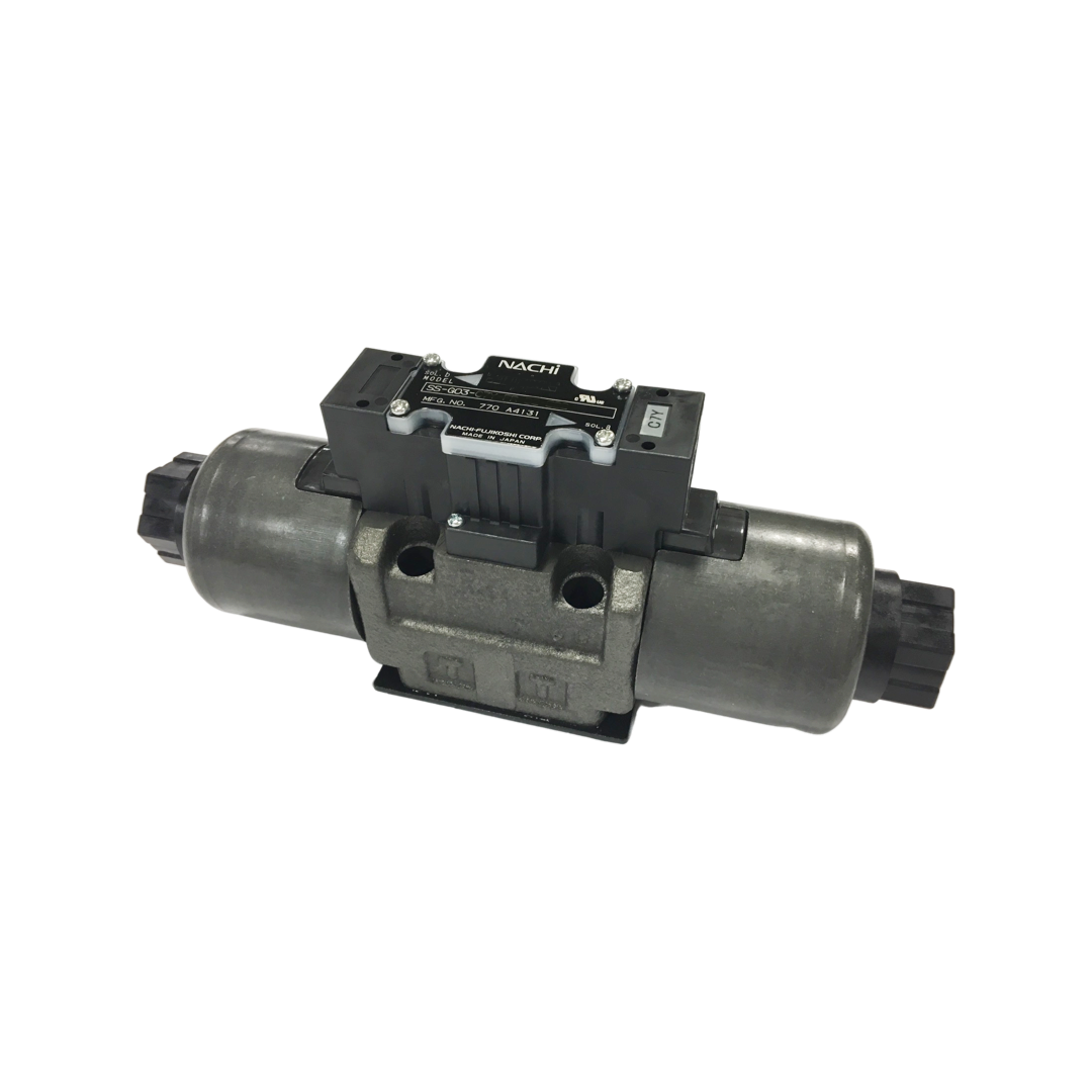 SS-G03-C5-R-D1-E22 : Nachi Solenoid Valve, 3P4W, D05 (NG10), 34.3GPM, 5075psi, All Ports Blocked Neutral, 12 VDC, Wiring Box with Lights