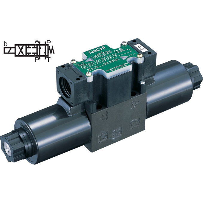 SS-G03-A3Z-R-D2-E22 : Nachi Solenoid Valve, 3P4W, D05 (NG10), 34.3GPM, 5075psi, P to A, B to T in Neutral, 24 VDC, Wiring Box with Lights