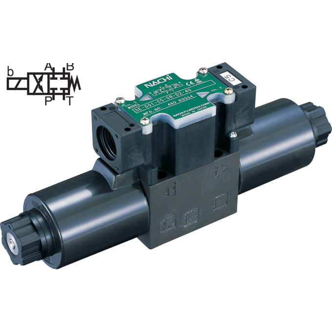 SS-G03-A5-R-D2-E22 : Nachi Solenoid Valve, 3P4W, D05 (NG10), 34.3GPM, 5075psi, All Ports Blocked Neutral, 24 VDC, Wiring Box with Lights