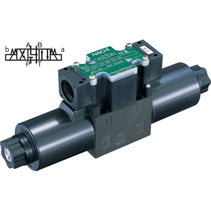 SS-G03-C6-GR-D2-E22 : Nachi Solenoid Valve, 3P4W, D05 (NG10), 34.3GPM, 5075psi, Motor Spool, 24 VDC, Wiring Box with Lights, Surgeless Type