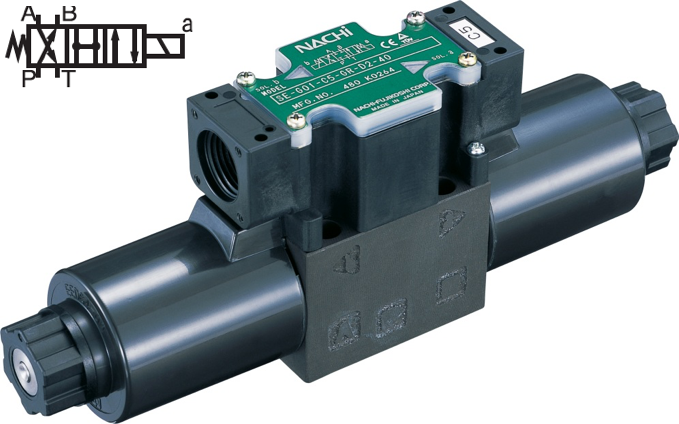 SS-G03-H3Z-R-D2-E22 : Nachi Solenoid Valve, 3P4W, D05 (NG10), 34.3GPM, 5075psi, P to A, B to T in Neutral, 24 VDC, Wiring Box with Lights