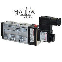 V52S517A-A213JB : Norgren V52 Series, Two-Position, Five-Way valve, Solenoid Actuated, Spring Return, 24VDC, 3/8 inch NPT ports
