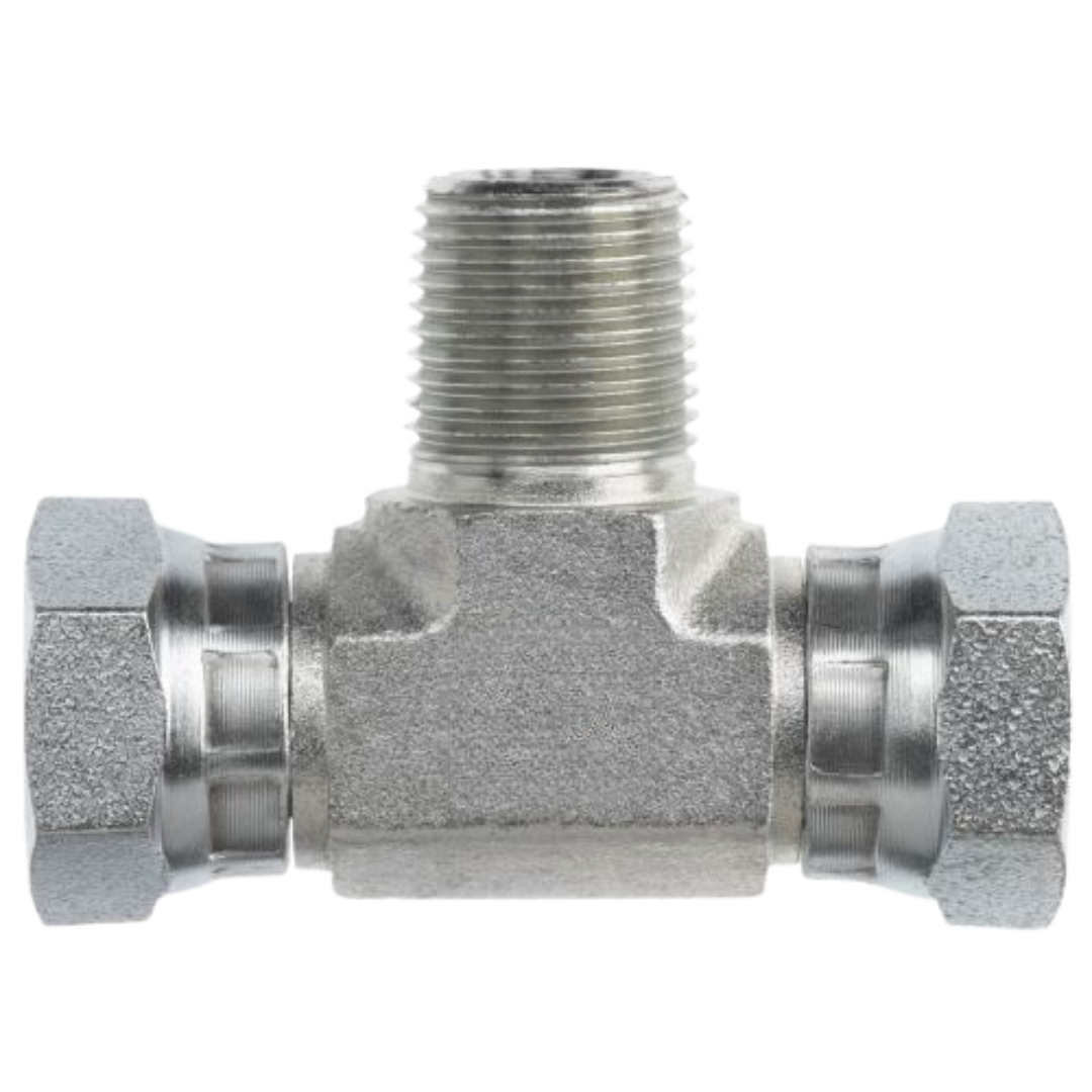 1601-04-06-06-FG : OneHydraulics Tee Steel Adapter, 1/4-18 (-04) Male NPTF x 3/8-18 (-06) Female NPSM Swivel x 3/8-18 (-06) Female NPSM Swivel, 5000psi