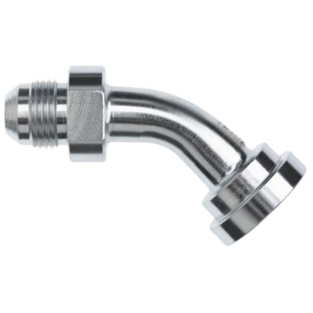 1803-12-12 : OneHydraulics Swept 45-Degree Steel Adapter, 1-1/16-12 (-12) Male JIC x 3/4" (-12) Code 62 Flange Head