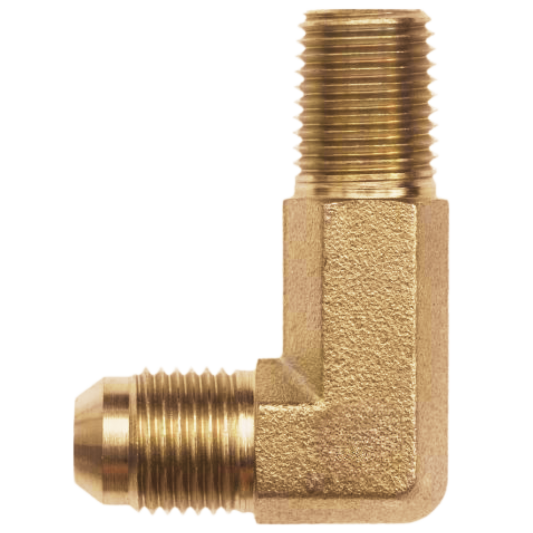 2501-L-08-06-B : OneHydraulics 90-Degree Brass Long Adapter, 3/4-16 (-08) Male JIC x 3/8-18 (-06) Male NPT, 3300psi