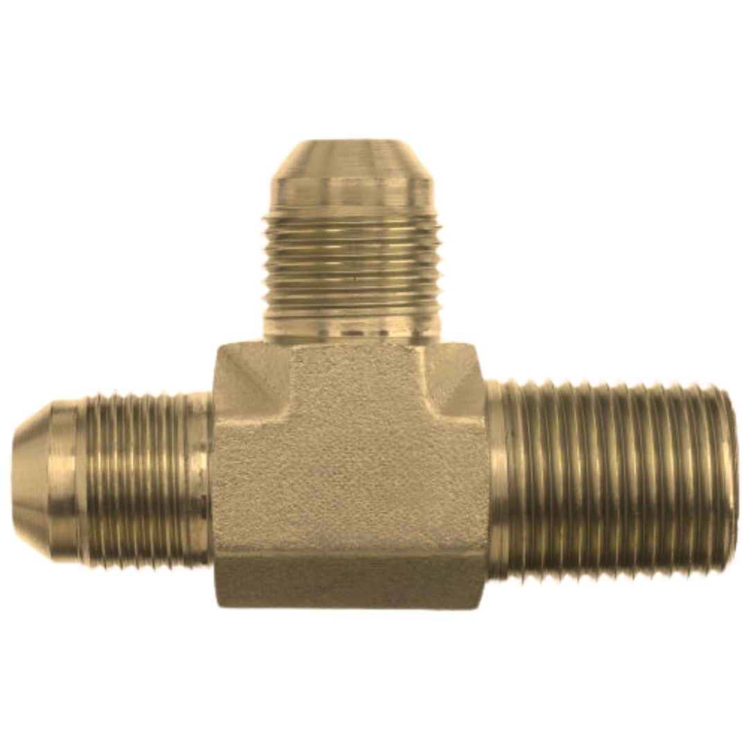 2605-06-04-06-B : OneHydraulics Tee Brass Adapter, 9/16-18 (-06) Male JIC x 1/4-18 (-04) Male NPT x 9/16-18 (-06) Male JIC, 3300psi