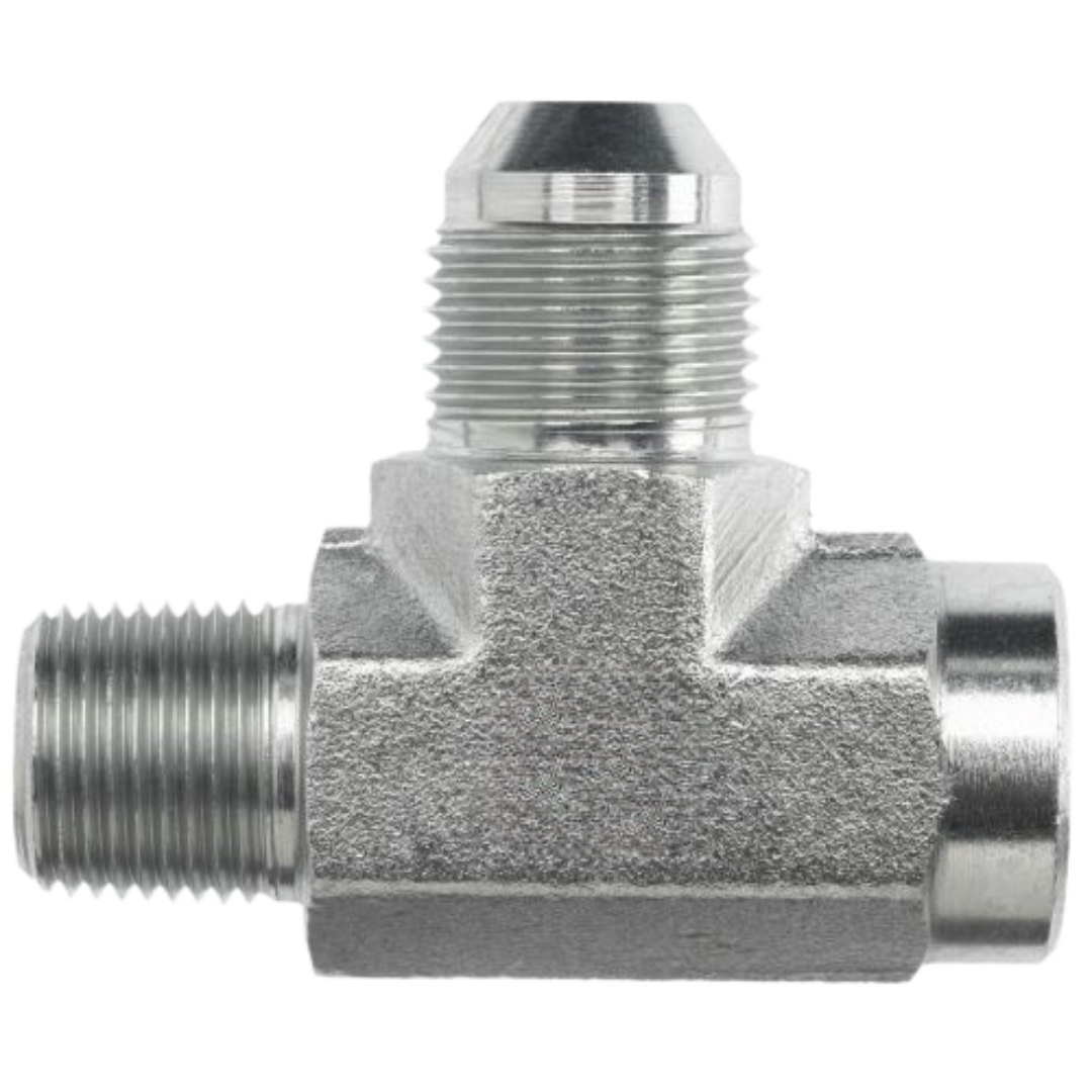 2613-08-08-10-FG : OneHydraulics Tee Steel Adapter, 1/2-14 (-08) Male NPT x 1/2-14 (-08) Female NPT x 7/8-14 (-10) Male JIC, 5000psi