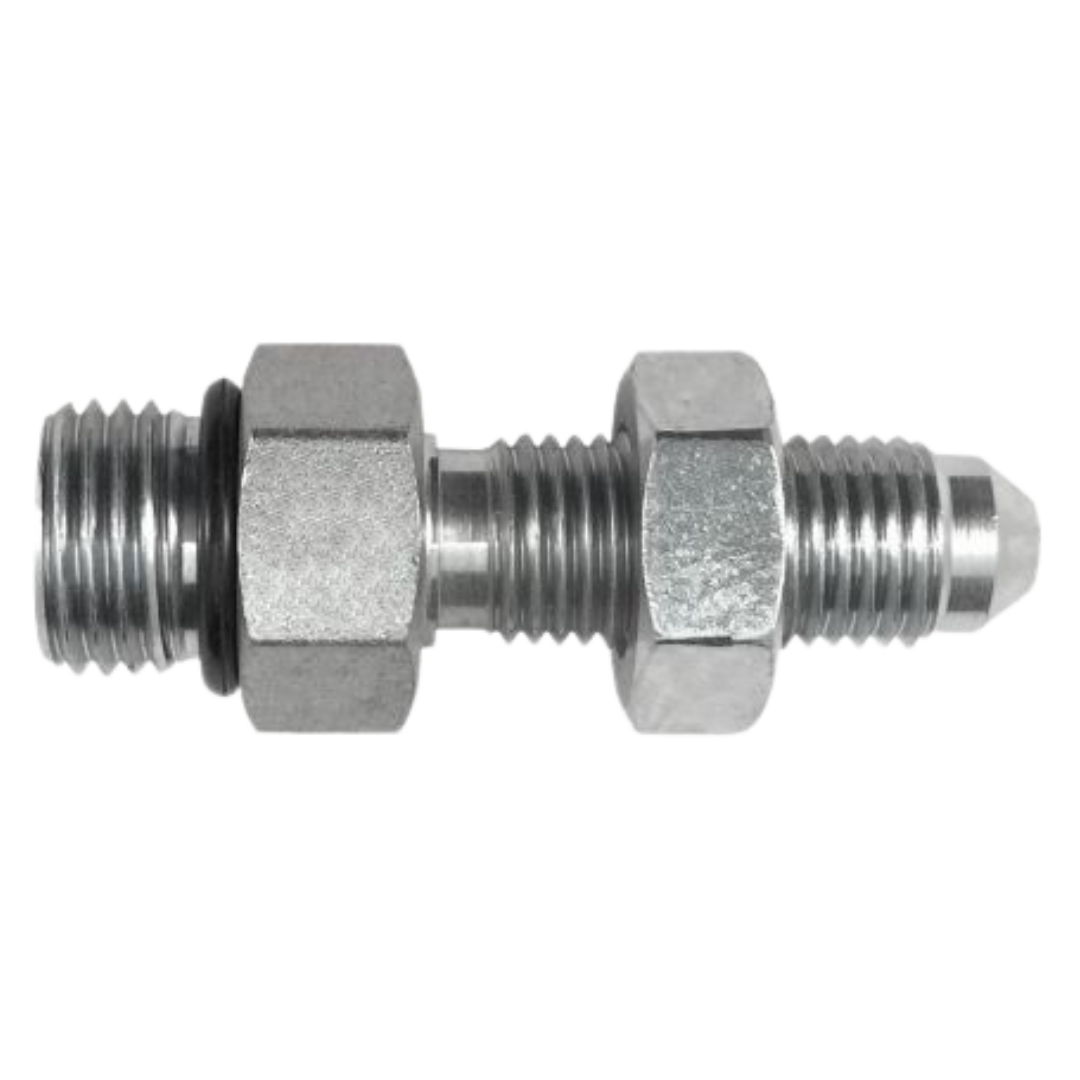 2764-LN-06-06-O : OneHydraulics Straight Steel Bulkhead Adapter with Locknut, 9/16-18 (-06) Male ORB x 9/16-18 (-06) Male JIC, 6000psi