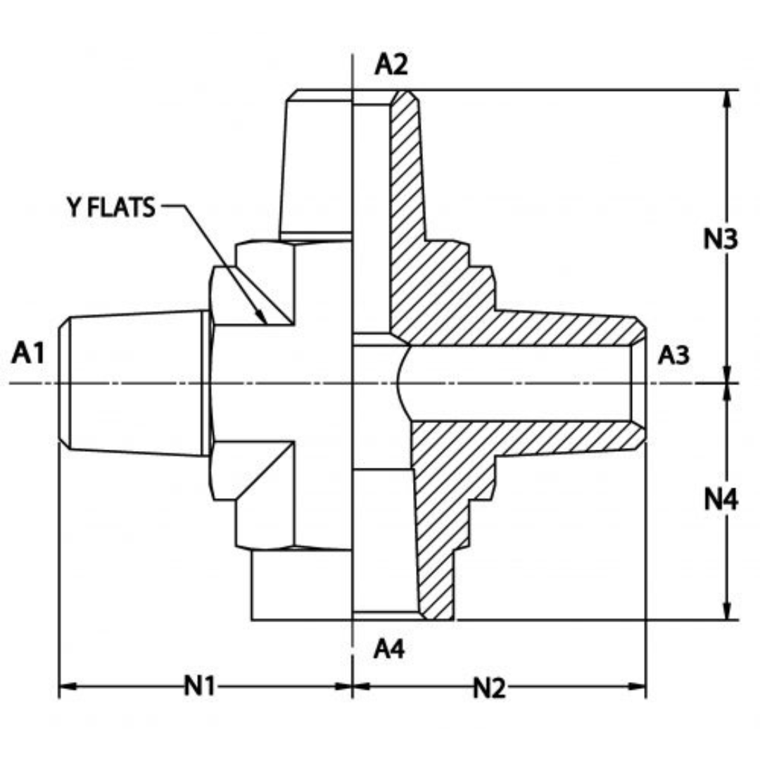 5651-04-04-04-04-FG : OneHydraulics Cross Steel Adapter, 1/4-18 (-04) Male NPT x 1/4-18 (-04) Male NPT x 1/4-18 (-04) Male NPT x 1/4-18 (-04) Female NPT, 6000psi