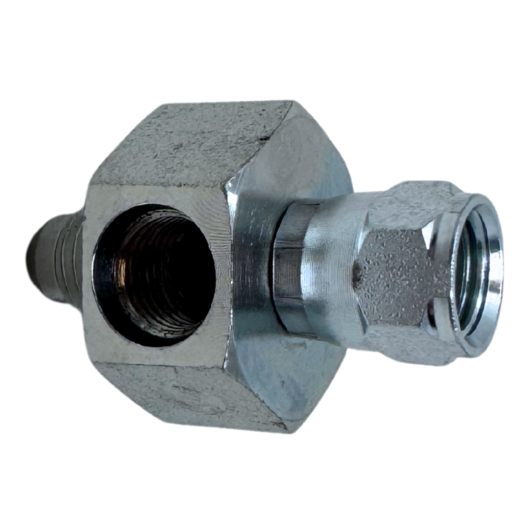 6564-06-06-04 : OneHydraulics Gauge Port Branch Tee, 9/16-18 (-06) Male JIC x 9/16-18 (-06) Female JIC Swivel x 7/16-20 (-04) Female ORB, 5000psi