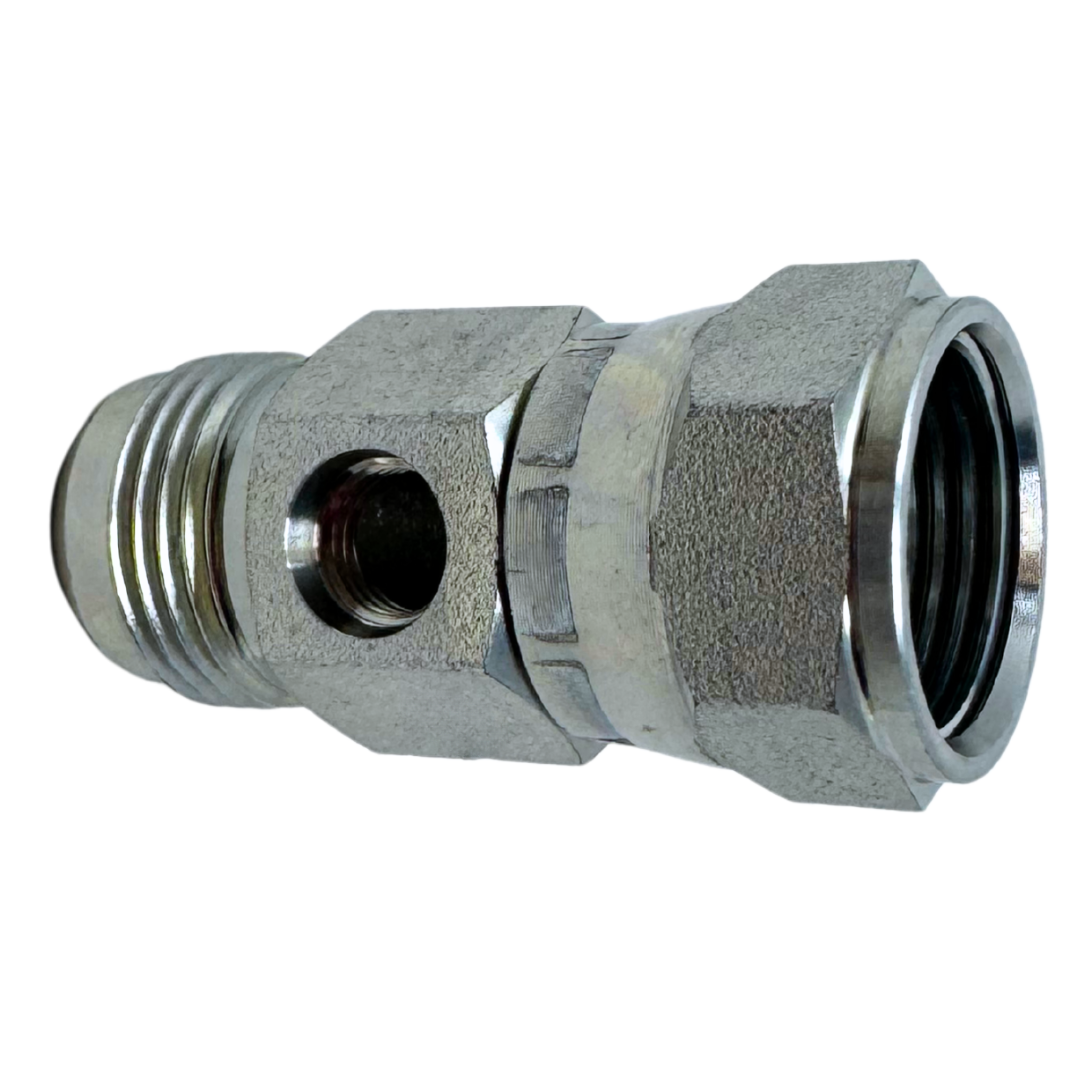 6564-10-10-04 : OneHydraulics Gauge Port Branch Tee, 7/8-14 (-10) Male JIC x 7/8-14 (-10) Female JIC Swivel x 7/16-20 (-04) Female ORB, 5000psi