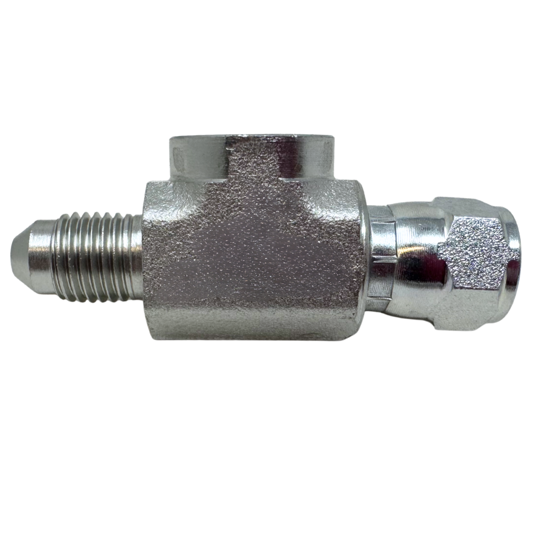 6574-04-04-04 : OneHydraulics Gauge Port Branch Tee, 7/16-20 (-04) Male JIC x 7/16-20 (-04) Female JIC Swivel x 1/4-18 (-04) Female NPTF, 5000psi