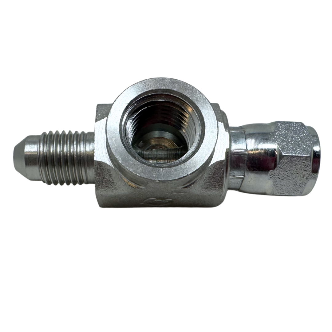 6574-04-04-04 : OneHydraulics Gauge Port Branch Tee, 7/16-20 (-04) Male JIC x 7/16-20 (-04) Female JIC Swivel x 1/4-18 (-04) Female NPTF, 5000psi