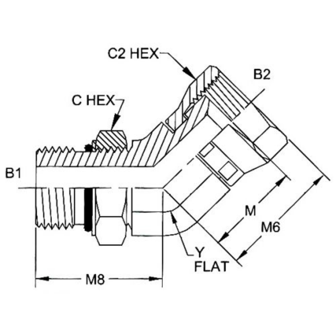6810-04-04-NWO-FG : OneHydraulics 45-Degree Steel Adapter, 7/16-20 (-04) Male Adjustable ORB x 7/16-20 (-04) Female JIC Swivel, 6000psi