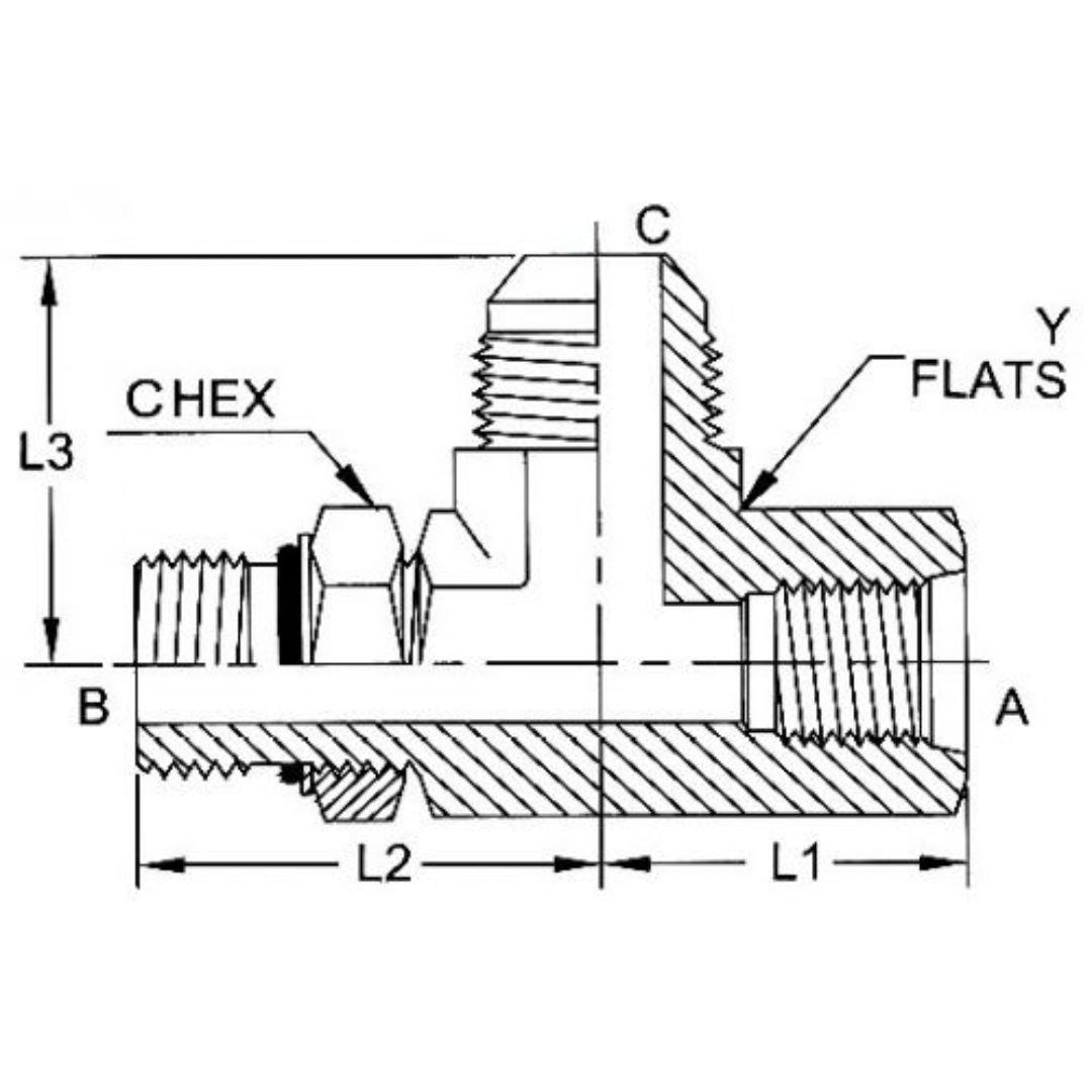 6820-06-06-06-NWO-FG : OneHydraulics Tee Steel Adapter, 9/16-18 (-06) Female ORB x 9/16-18 (-06) Male Adjustable ORB x 9/16-18 (-06) Male JIC