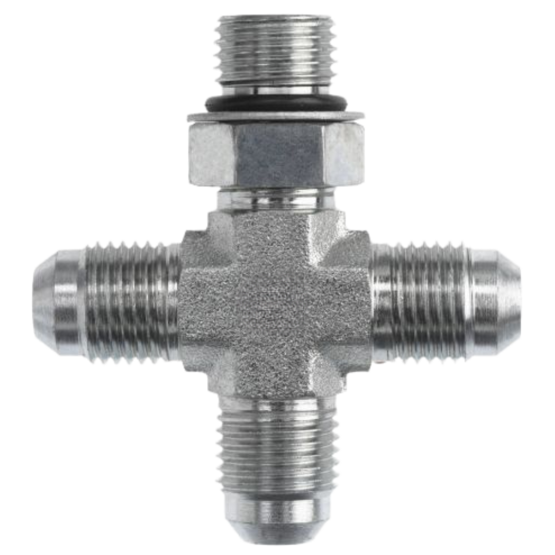 6850-06-06-06-06-NWO-FG : OneHydraulics Cross Steel Adapter, 9/16-18 (-06) Male JIC x 9/16-18 (-06) Male JIC x 9/16-18 (-06) Male Adjustable ORB x 9/16-18 (-06) Male JIC
