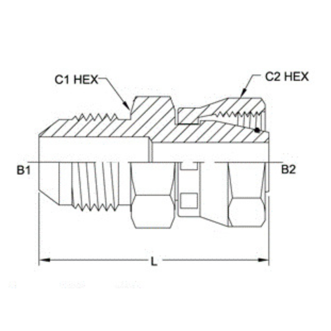 7007-12-S20-30 : OneHydraulics Straight Steel Adapter, 1-1/16-12 (-12) Male JIC x M30 X 2.0 (-S20) Female Heavy Duty DIN Swivel