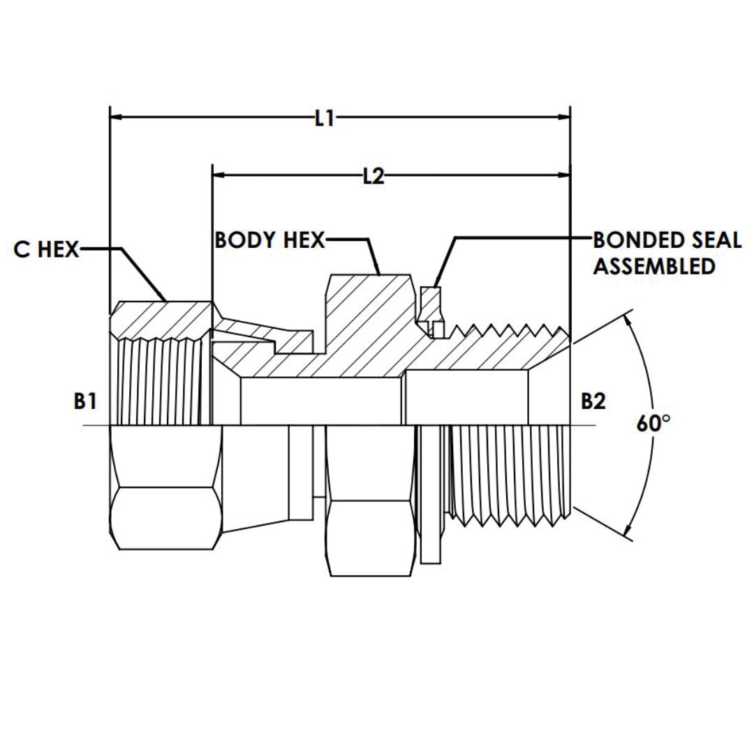 7022-04-02-BS : OneHydraulics Straight Steel Adapter, 7/16-20 (-04) Female JIC Swivel x 1/8-28 (-02) Male BSPP with Bonded Seal, 5000psi
