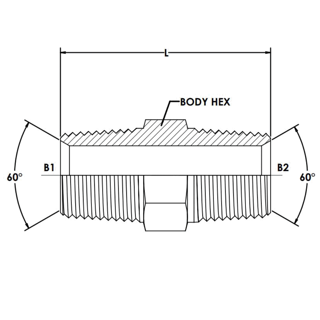 9000-32-32 : OneHydraulics Straight Steel Adapter, 2-11 (-32) Male BSPT x 2-11 (-32) Male BSPT, 2000psi