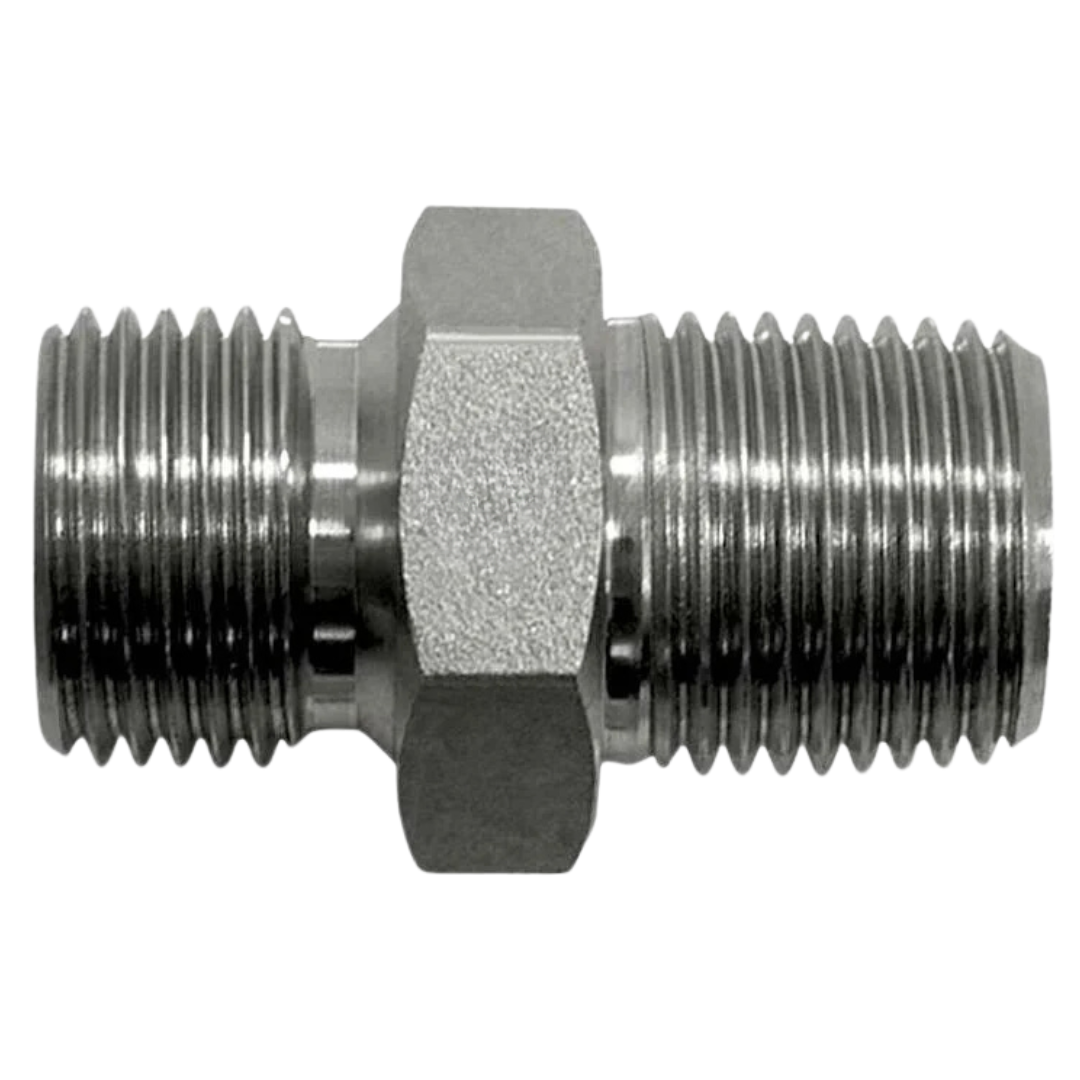 9020-20-20 : OneHydraulics Straight Steel Adapter, 1-1/4-11 (-20) Male BSPP x 1-1/4-11 (-20) Male BSPT, 1500psi