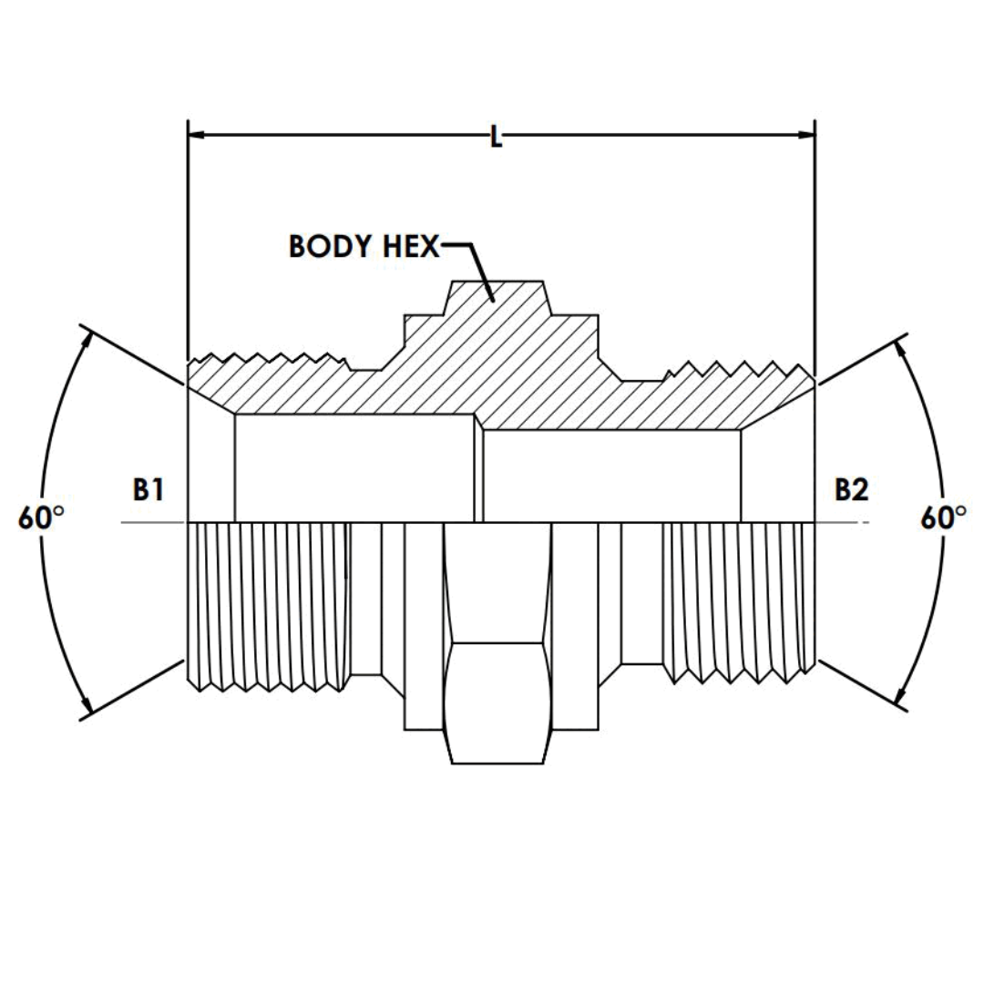 9025-08-18 : OneHydraulics Straight Steel Adapter, 1/2-14 (-08) Male BSPP with 60-Degree Seat x M18 X 1.5 (18mm) Male Metric, 5000psi