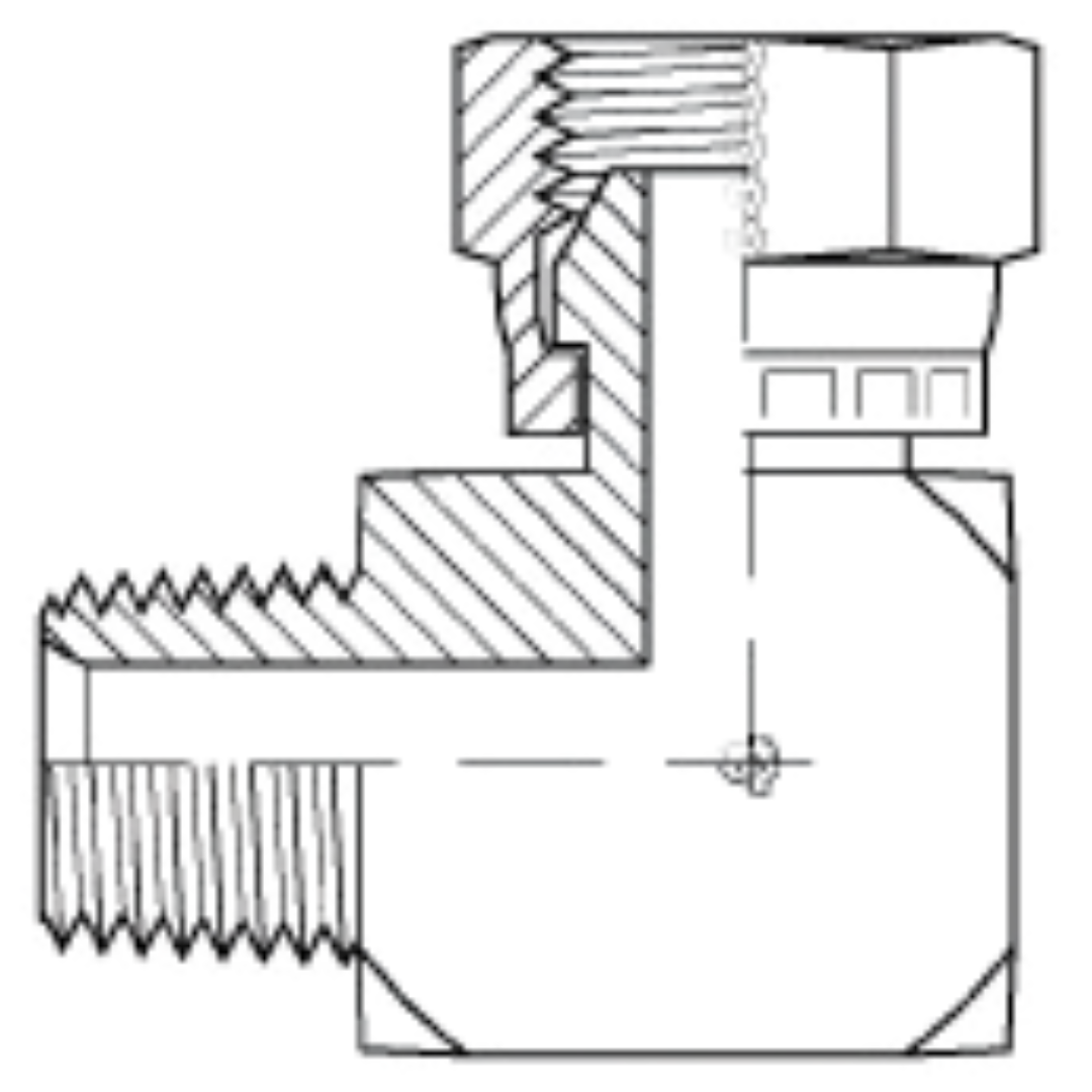 9072-02-02 : Adaptall 90-Degree Steel Adapter, 1/8-27 (-02) Male NPT x 1/8-28 (-02) Female BSPP Swivel