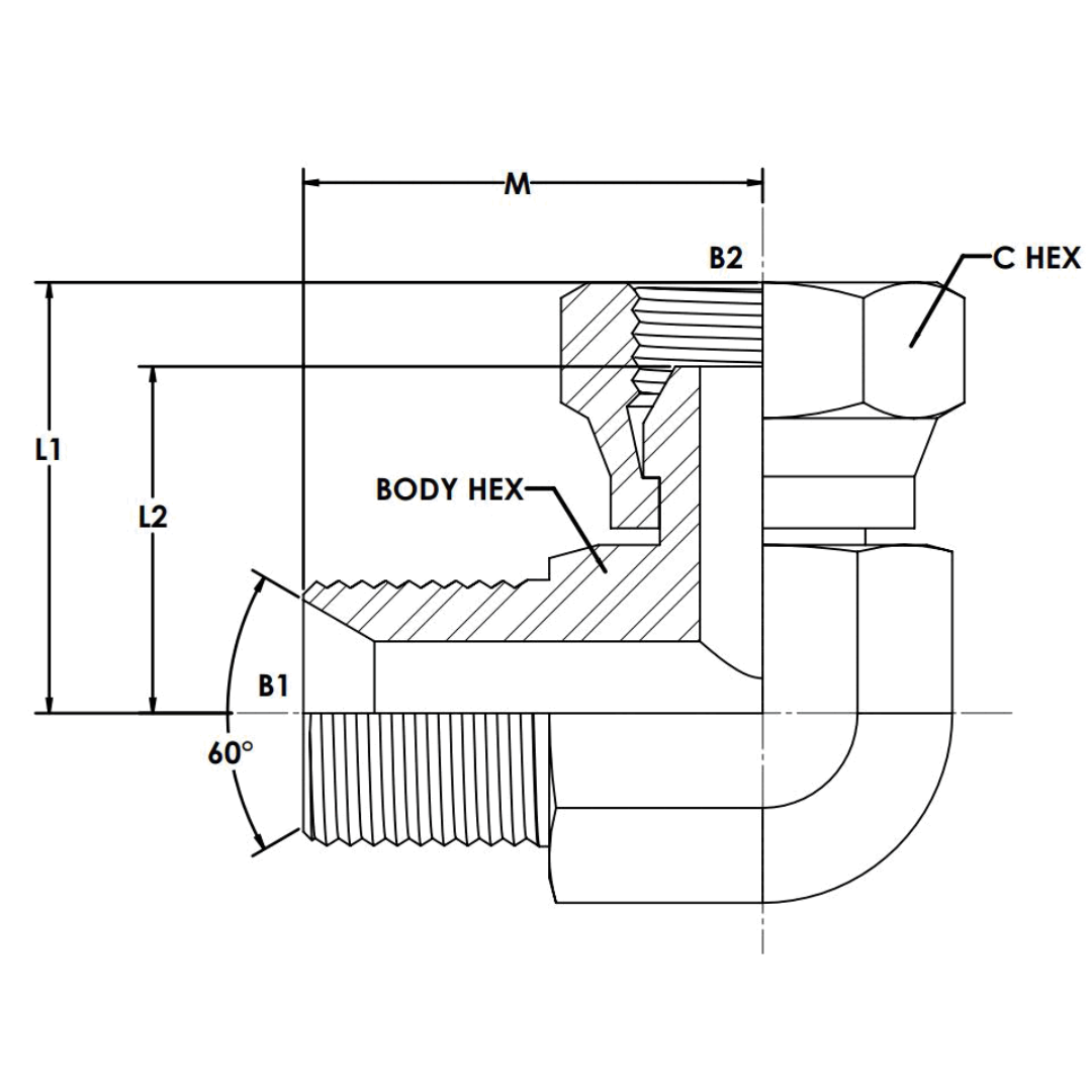 9224-06-06-FG : OneHydraulics 90-Degree Steel Adapter, 3/8-19 (-06) Male BSPP x 3/8-19 (-06) Female BSPP Swivel, 5000psi