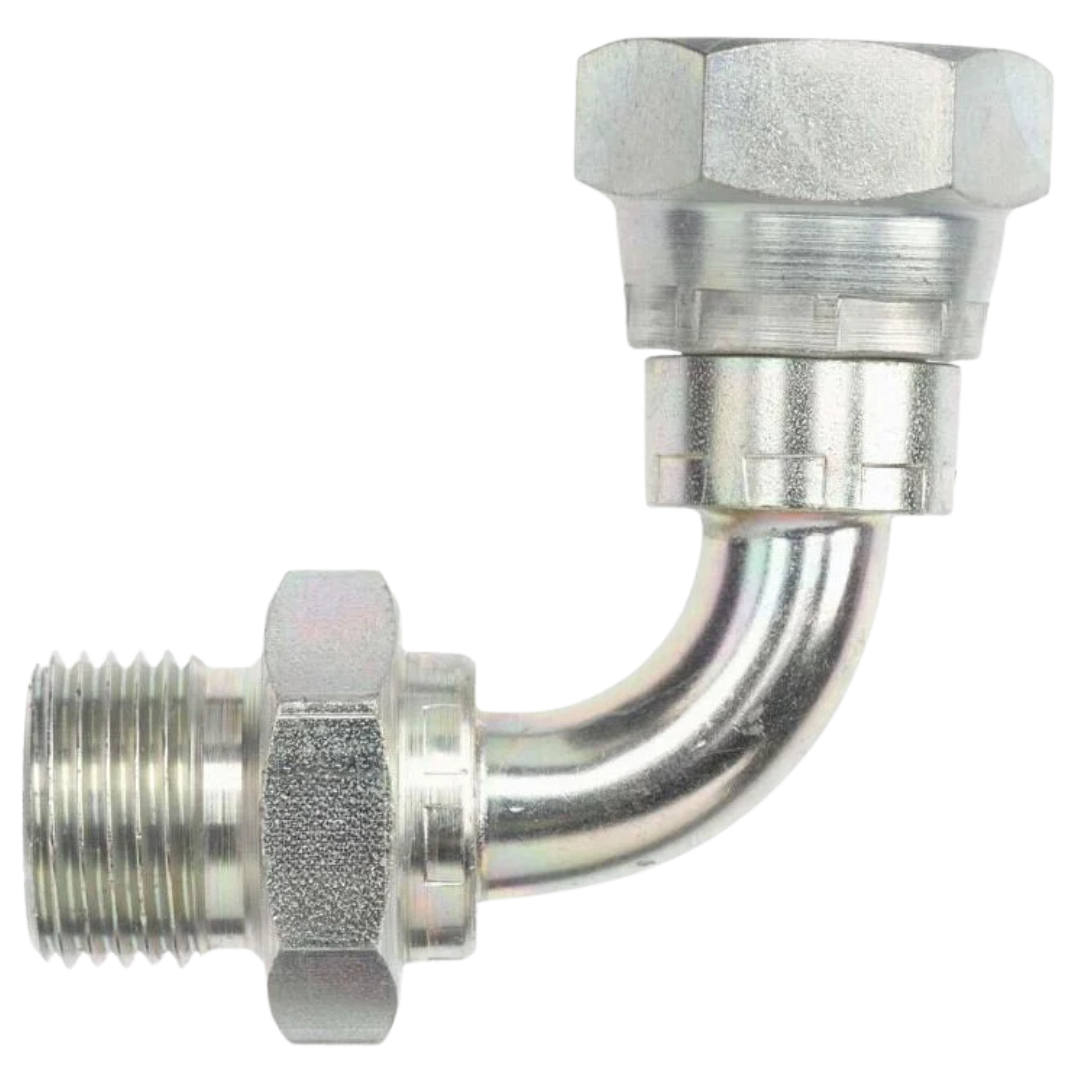 9224-L-06-06 : OneHydraulics Swept 90-Degree Long Steel Adapter, 3/8-19 (-06) Male BSPP x 3/8-19 (-06) Female BSPP Swivel, 5000psi