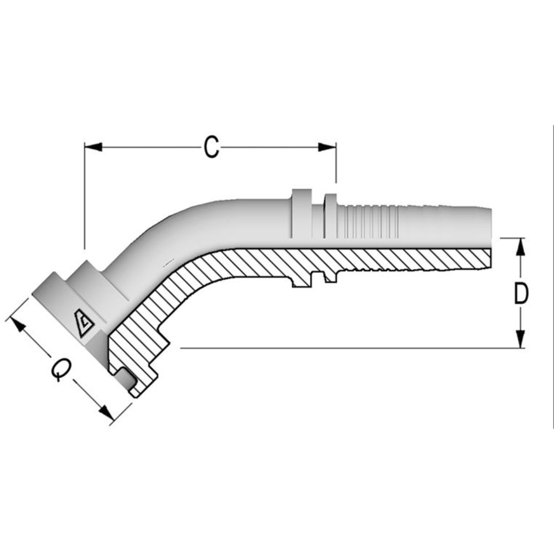 A-3232-C614 : Alfagomma 45-Degree Steel Fitting Insert, 2 (-32) Hose x 2 (-32) Code 61 Flange, 3000psi