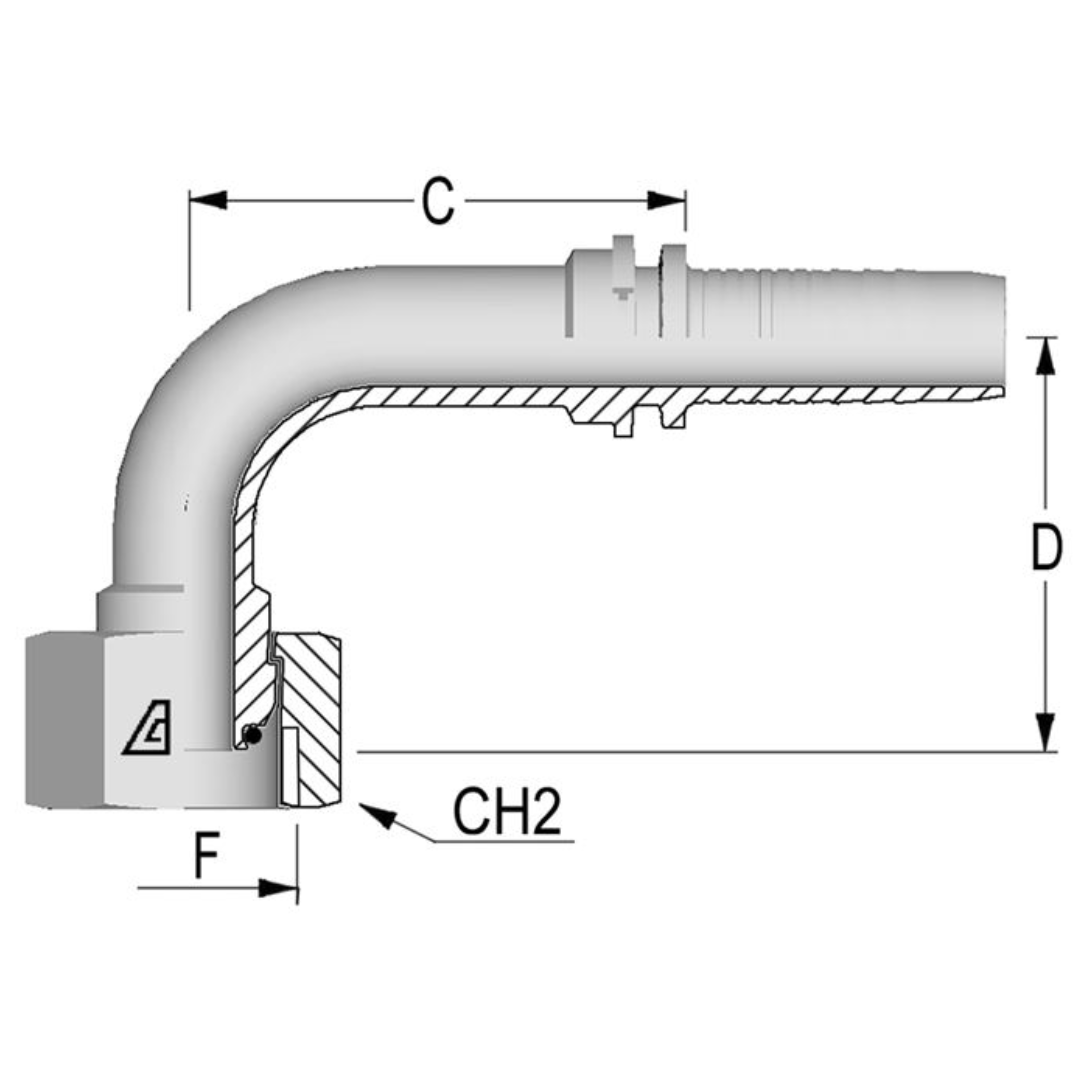 A-1012-FBO9 : Alfagomma 90-Degree Steel Fitting Insert, 5/8 (-10) Hose x 3/4-14 (-12) Female BSP Swivel