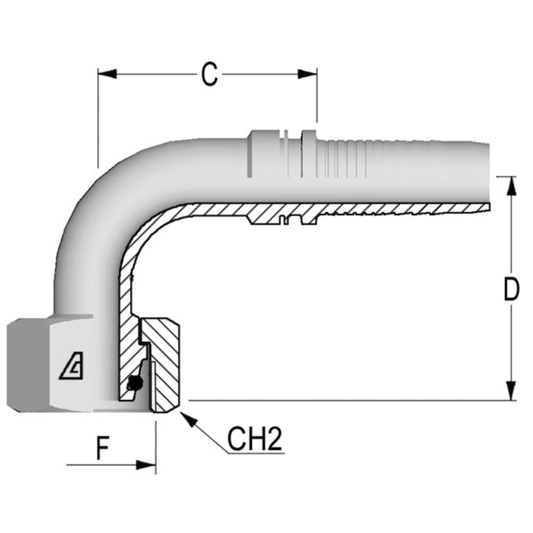 A-0622-FM9H : Alfagomma 90-Degree Steel Fitting Insert, 3/8 (-06) Hose x M22x1.5 (-S14) Female Heavy Duty DIN Tube Swivel