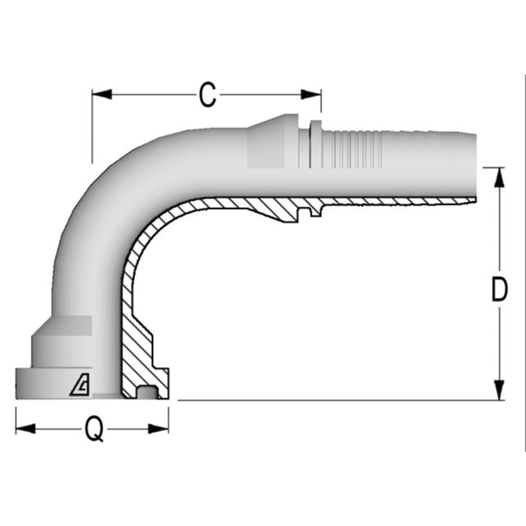 A-1010-KF90 : Alfagomma 90-Degree Steel Fitting Insert, 5/8 (-10) Hose x 34mm Komatsu O-Ring Flange