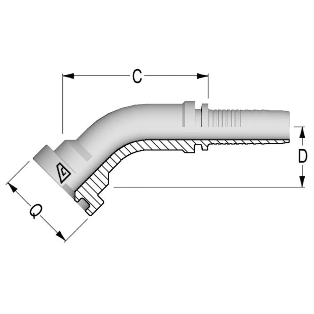 A-2024-C624 : Alfagomma 45-Degree Steel Fitting Insert, 1 1/4 (-20) Hose x 1 1/2 (-24) Code 62 Flange, 6000psi