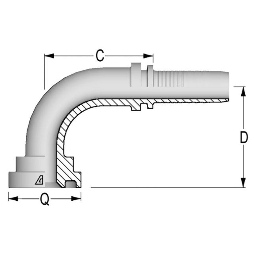 A-1216-C629 : Alfagomma 90-Degree Steel Fitting Insert, 3/4 (-12) Hose x 1 (-16) Code 62 Flange, 6000psi