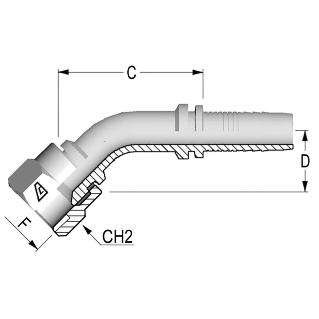 A-1010-FJ45 : Alfagomma 45-Degree Steel Fitting Insert, 5/8 (-10) Hose x 7/8-14 (-10) Female JIC Swivel