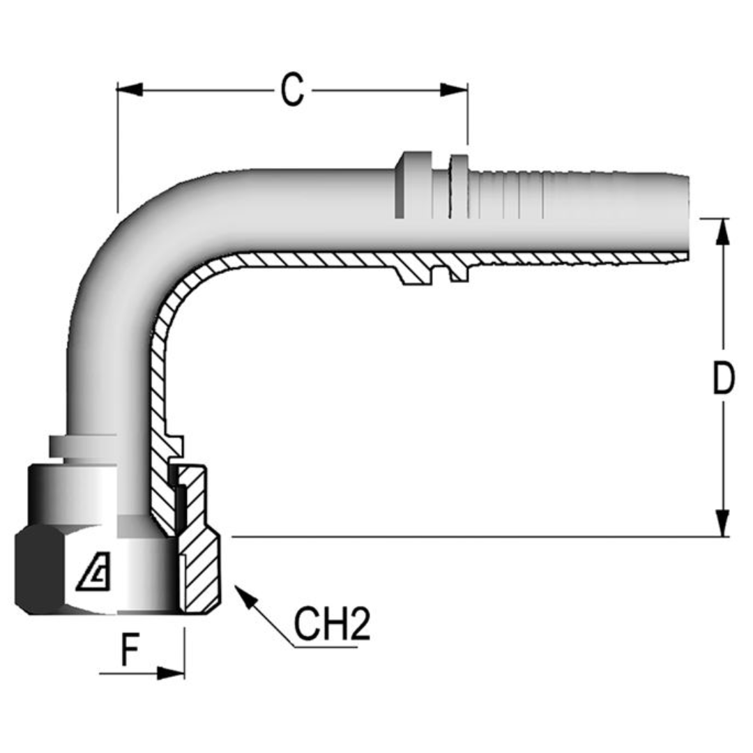 A-1010-FJ9S : Alfagomma 90-Degree Steel Fitting Insert, 5/8 (-10) Hose x 7/8-14 (-10) Female JIC Swivel Short Drop