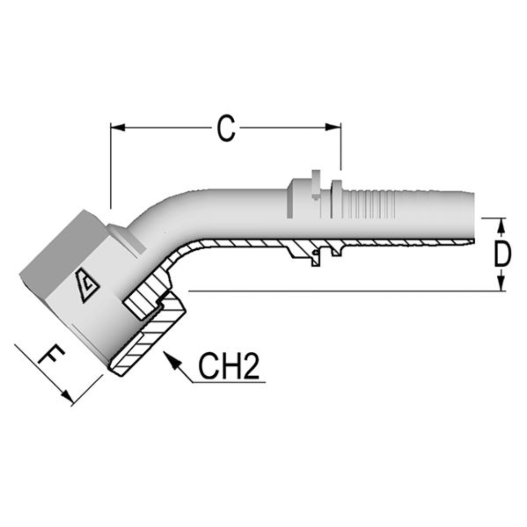 A-0812-FO45 : Alfagomma 45-Degree Steel Fitting Insert, 1/2 (-08) Hose x 1 3/16-12 (-12) Female ORFS Swivel