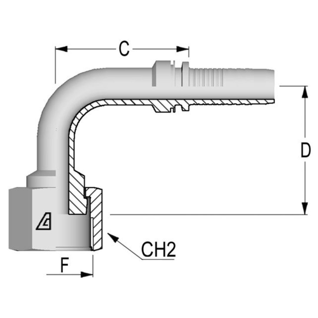 A-0506-FO9M : Alfagomma 90-Degree Steel Fitting Insert, 5/16 (-05) Hose x 11/16-16 (-06) Female ORFS Swivel Medium Drop
