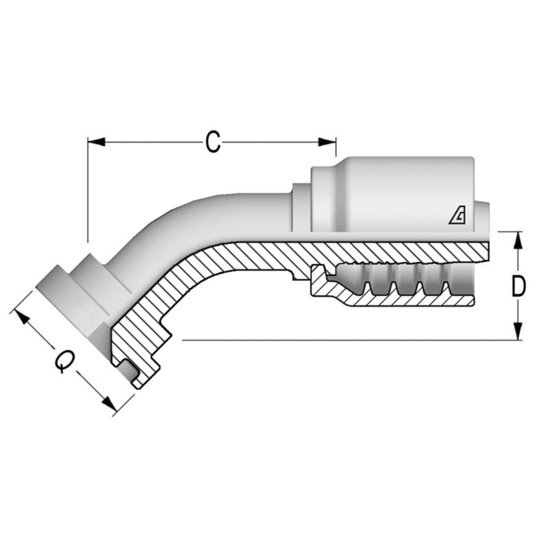 B-1012-C614 : Alfagomma 45-Degree Steel Fitting, 5/8 (-10) Hose x 3/4" (-12) Code 61 Flange, 3000psi
