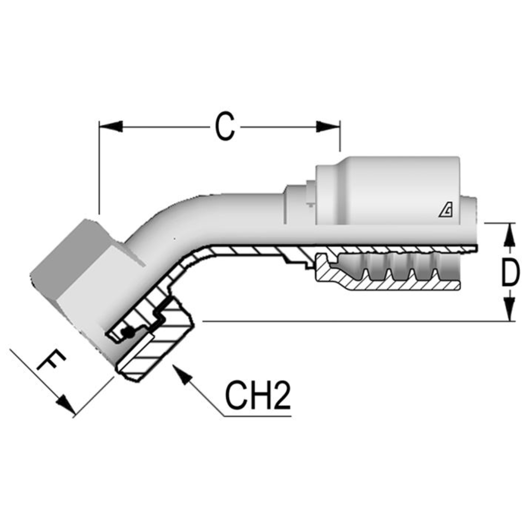 B-0418-FM4H : Alfagomma 45-Degree Steel Fitting, 1/4 (-04) Hose x M18x1.5 (-S10) Female Heavy Duty DIN Tube with O-Ring