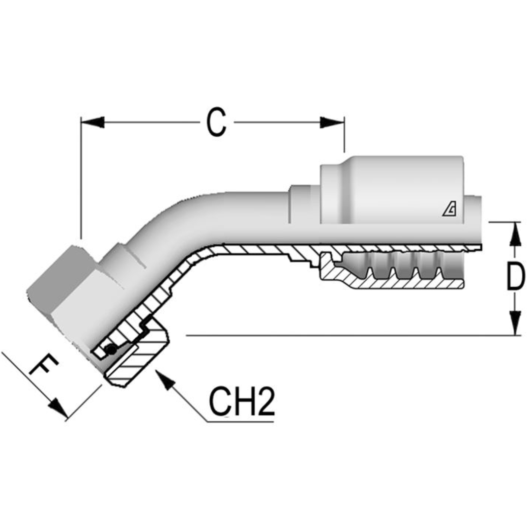 B-0618-FM4L : Alfagomma 45-Degree Steel Fitting, 3/8 (-06) Hose x M18x1.5 (-L12) Female Light Duty DIN Tube with O-Ring