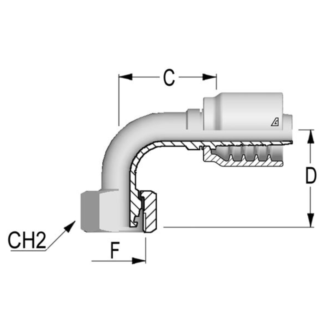 B-0616-FM9L : Alfagomma 90-Degree Steel Fitting, 3/8 (-06) Hose x M16x1.5 (-L10) Female Light Duty DIN Tube with O-Ring