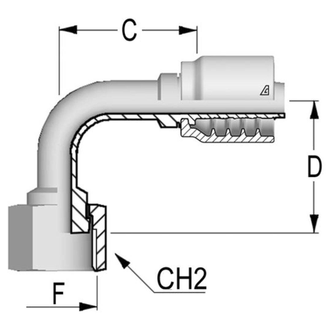 B-0608-FO9M : Alfagomma 90-Degree Steel Fitting, 3/8 (-06) Hose x 13/16-16 (-08) Female ORFS Medium Drop