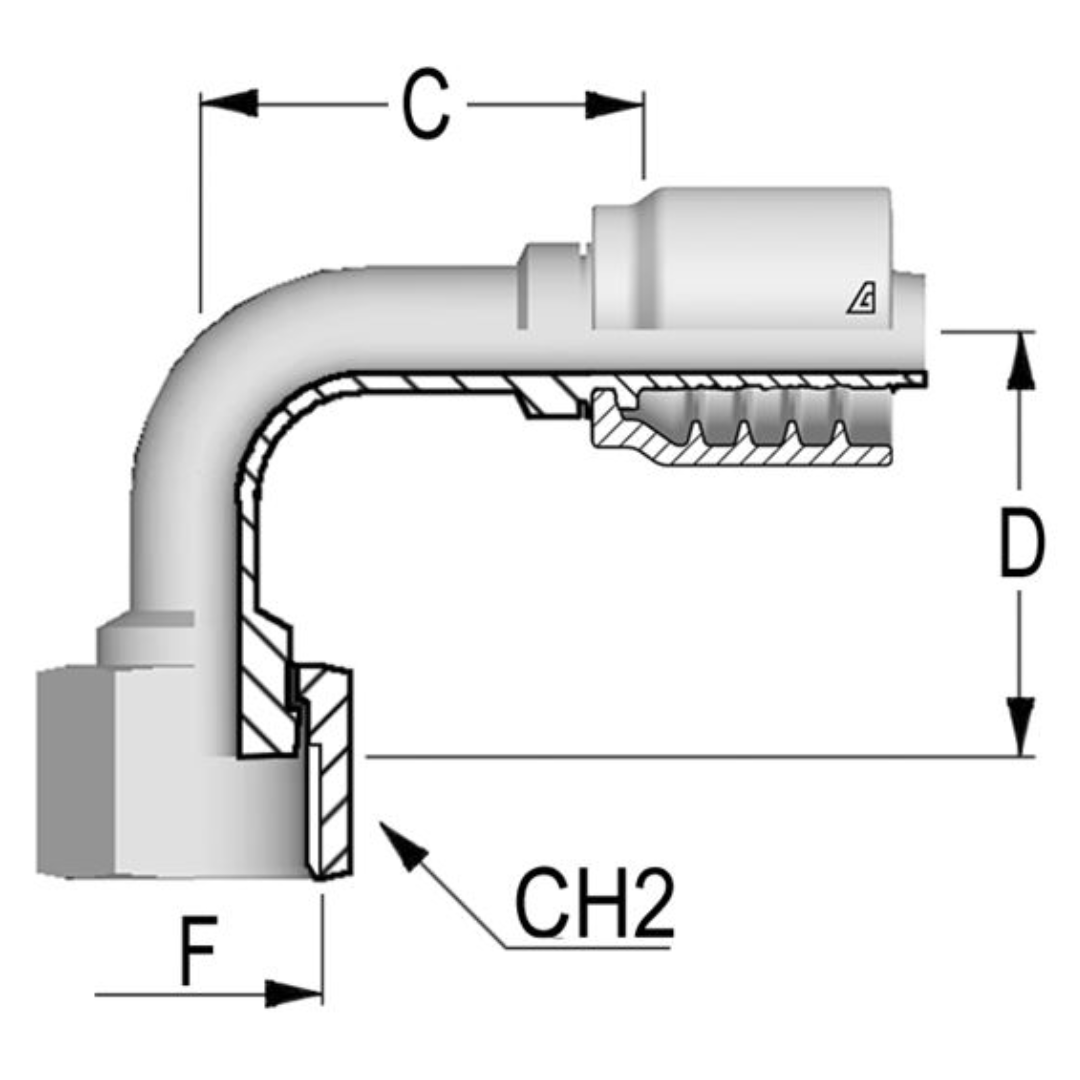 B-1620-FO9S : Alfagomma 90-Degree Steel Fitting, 1 (-16) Hose x 1 11/16-12 (-20) Female ORFS Short Drop