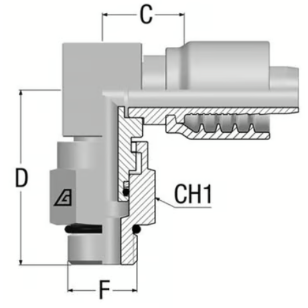 B-0608-MBS9 : Alfagomma 90-Degree Compact Steel Fitting, 3/8 (-06) Hose x 3/4-16 (-08) Male ORB Swivel