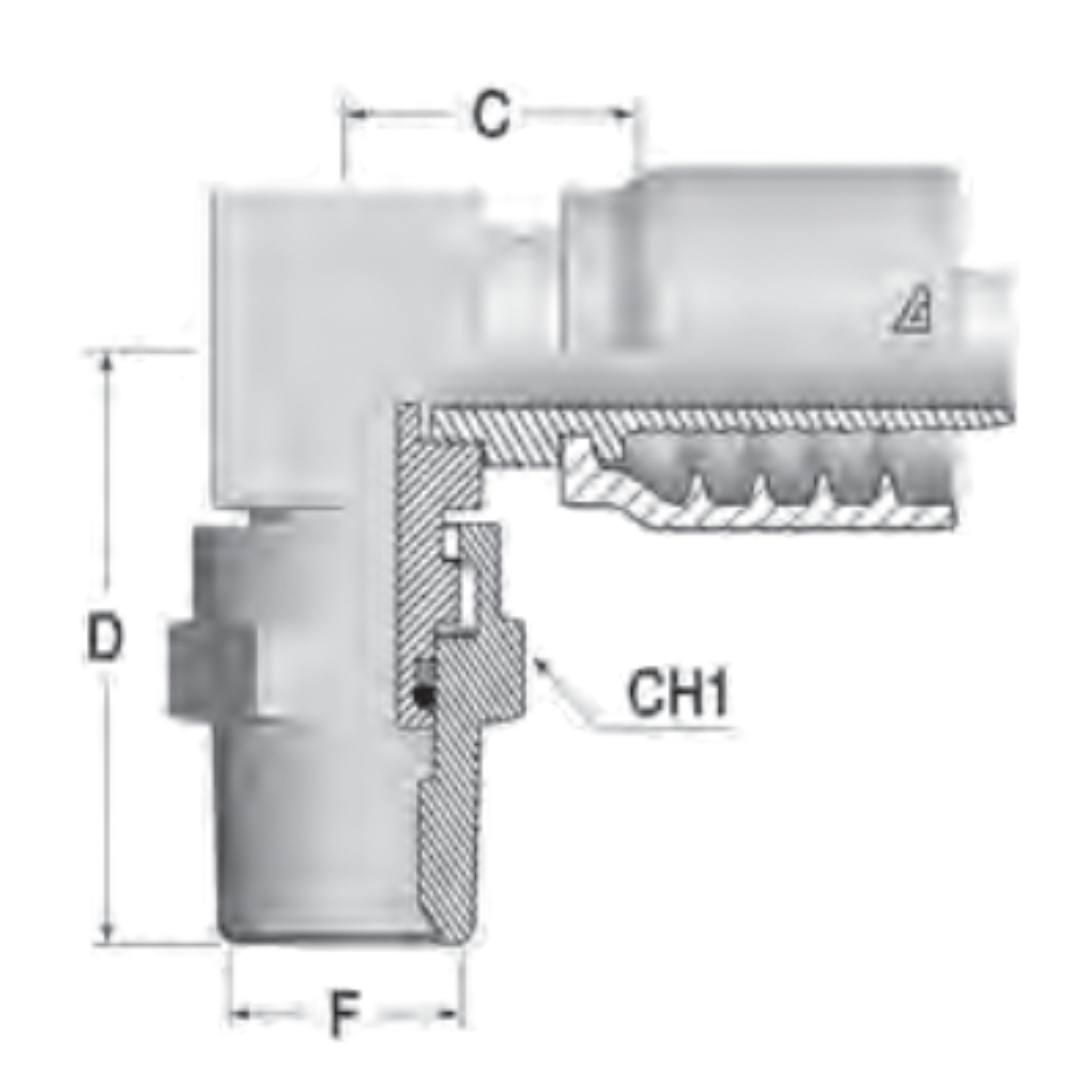 B-1212-MPS9 : Alfagomma 90-Degree Compact Steel Fitting, 3/4 (-12) Hose x 3/4-14 (-12) Male NPTF Swivel