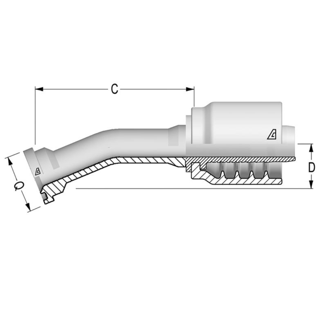 D-2424-C612 : Alfagomma 22.5-Degree Steel Fitting, 1 1/2 (-24) Hose x 1.5" (-24) Code 61 Flange, 3000psi