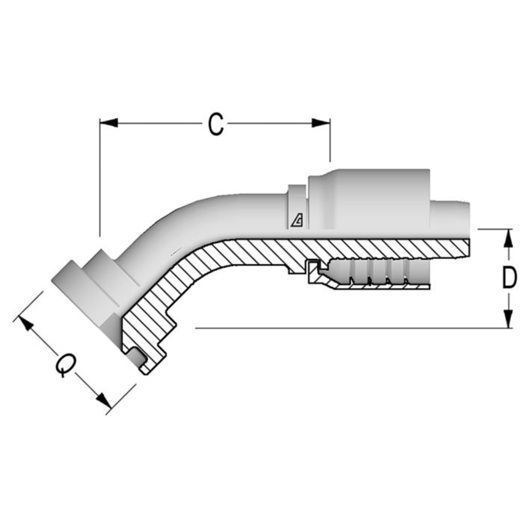 D-2432-C624 : Alfagomma 45-Degree Steel Fitting, 1 1/2 (-24) Hose x 2" (-32) Code 62 Flange