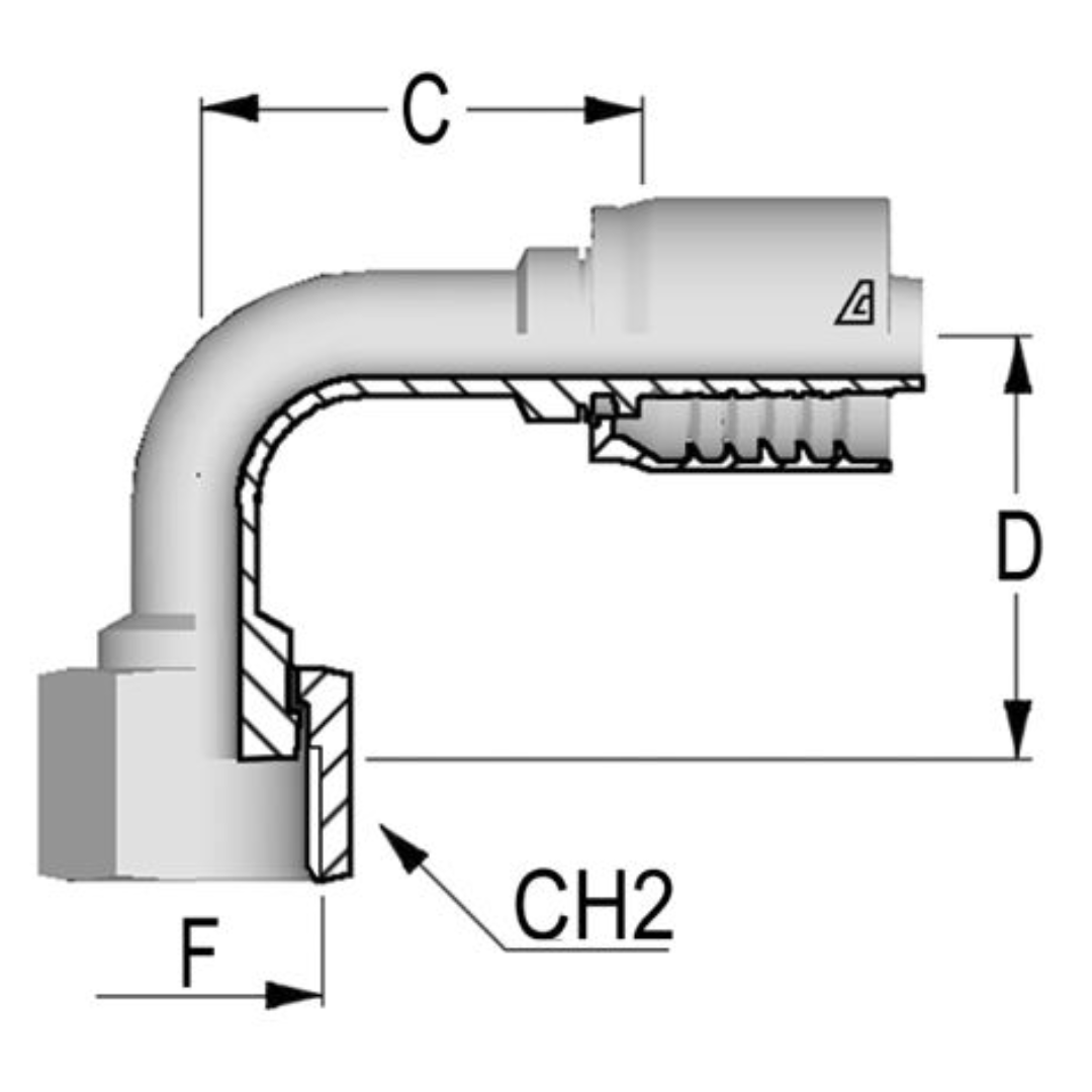 D-1616-FO9L : Alfagomma 90-Degree Steel Fitting, 1 (-16) Hose x 1 7/16-12 (-16) Female ORFS Long Drop